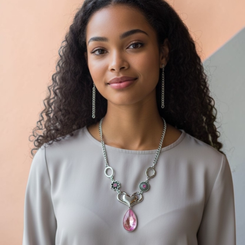 Pink and Silver Heart Necklace and Earring Silver Tone Fashion Set